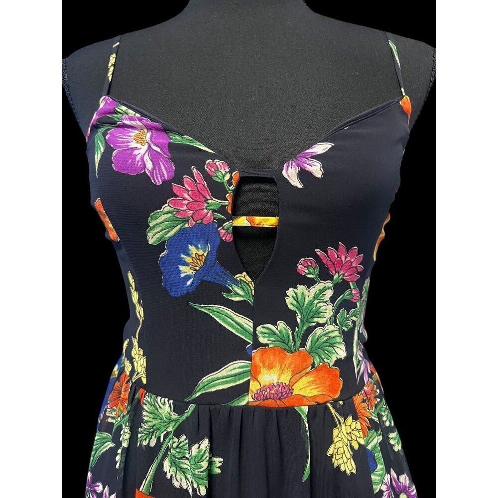 EXPRESS Floral Maxi Dress WOMEN Black Multicolor XS Cutout Front Spaghetti Strap - Picture 3 of 8